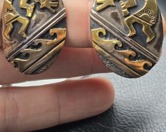 Tommy Singer Gold Fill & Silver Figural Earrings Hopi/Navajo