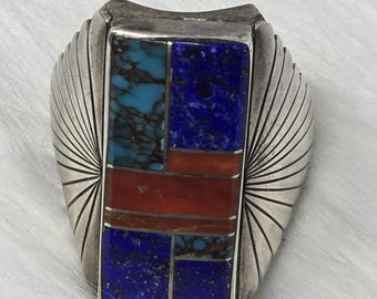 Navajo Sterling Inlay Ring ML Lapis Coral Turquoise Signed