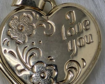 14K Sweetheart Gold Heart Locket Pendant I Love You Floral