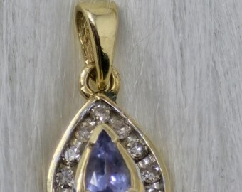14k Gold Tanzanite Diamond Halo Pendant Pear Shape