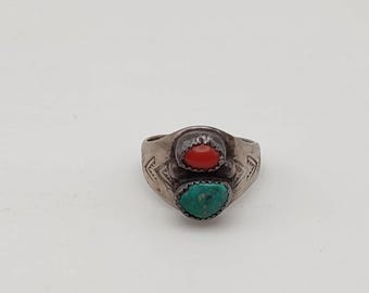 Virgil Leekya Zuni Turquoise Coral Mens Ring 12.5 Signed VL