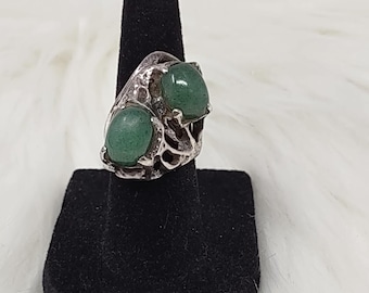 Modernist Mexico Brutalist Sterling Silver Jade Ring Sz 5