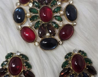 Vintage SCHREINER Domed Cabochon Brooch & Earring Set