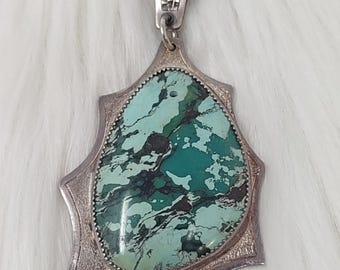 925  Sterling Sonoran Green Turquoise Shield Pendant 21.8g