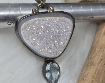 Obsidian 925 Silver Angel Aura Druzy Blue Sapphire Pendant