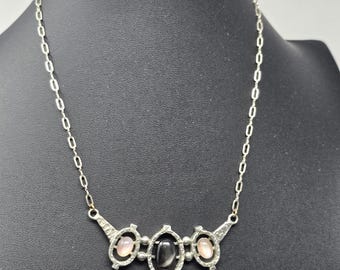 Antique Art Deco Sterling Necklace-Quartz/Amethyst Cabochons