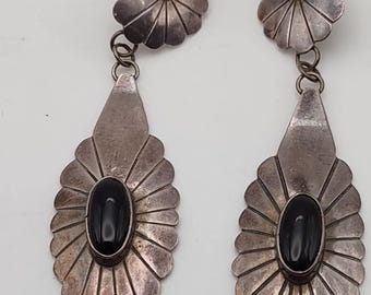 Nakai Navajo Sterling Silver Black Onyx Concho Earrings Vtg