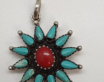 Sterling Silver Turquoise Red Stone Sunburst Pendant 12.1g
