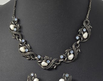 Vintage Coro Faux Pearl Blue Rhinestone Necklace Earring Set