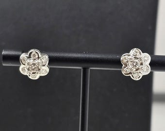 14K Solid White Gold Natural Diamond Cluster Floral Earrings