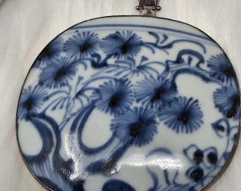 Large 2.5" 925 Silver Blue White Porcelain Shard Pendant