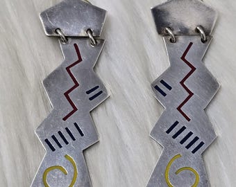 Signed Modernist Sterling Inlay Dangle Earrings 925 SiSi
