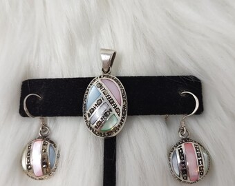Sterling Silver Pastel Mother of Pearl Pendant Earring Set