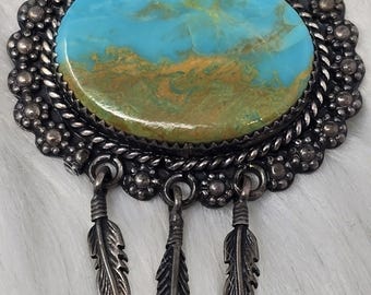 Native American 925 Silver Turquoise Feather Pin Pendant