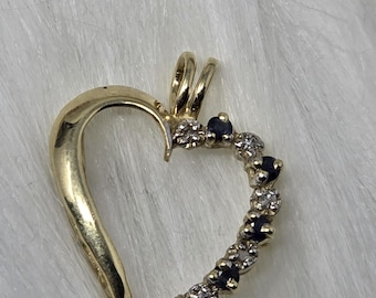10k Gold Diamond Blue Sapphire Open Heart Pendant