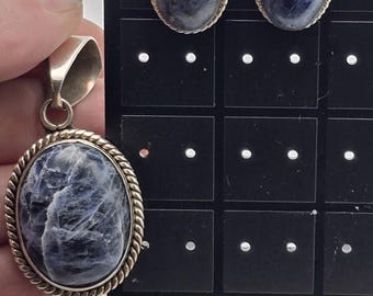 Vtg Taxco Mexico Sterling Silver Sodalite Earrings Pendant