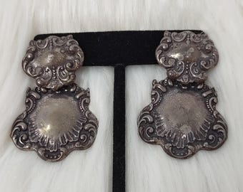 T Foree Hunsicker Sterling Victorian Repousse Drop Earrings