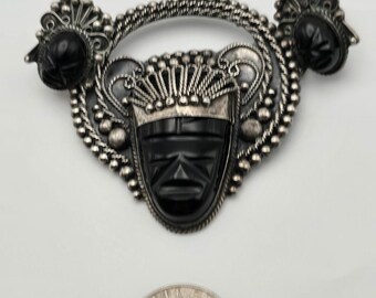 Conjunto de broche y pendientes de máscara de ónix y plata esterlina mexicana