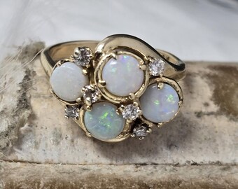 Vintage 14k Gold Opal Diamond Waterfall Cluster Ring Sz 6