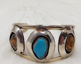 Sterling Silver Gold Tone Turquoise Tiger Eye Cuff Bracelet