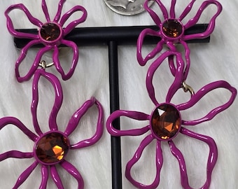 Mignonne Gavigan Double Flower Fuchsia Enamel Drop Earrings