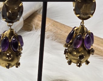 Vintage Amethyst Cabochon Dangle Drop Clip Earrings Estate