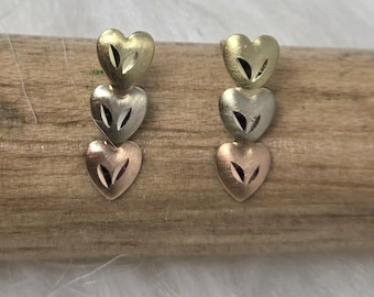 14k Gold Tri Tone Triple Heart Dangle Earrings