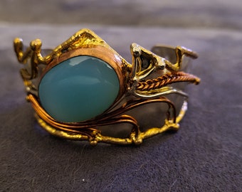 Chalcedony hammered metal gold and silver cuff, boho style handmade jewelry