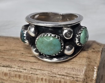 Vintage Turquoise 3-Stone Ring Sz 6.75 Southwestern