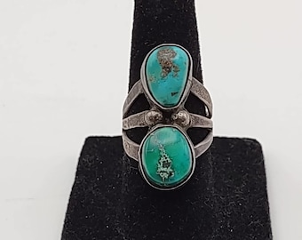 Bague vintage en argent sterling et turquoise du Sud-Ouest avec deux pierres
