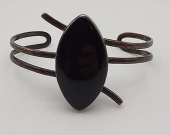 Vintage 950 Silver Cuff Onyx Marquise Artisan Modernist