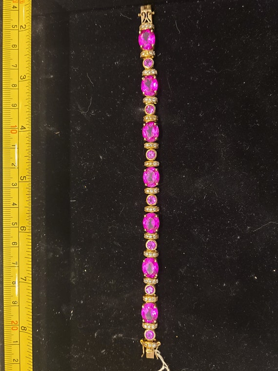 8 inch pink sapphire 925 tennis bracelet with gol… - image 1