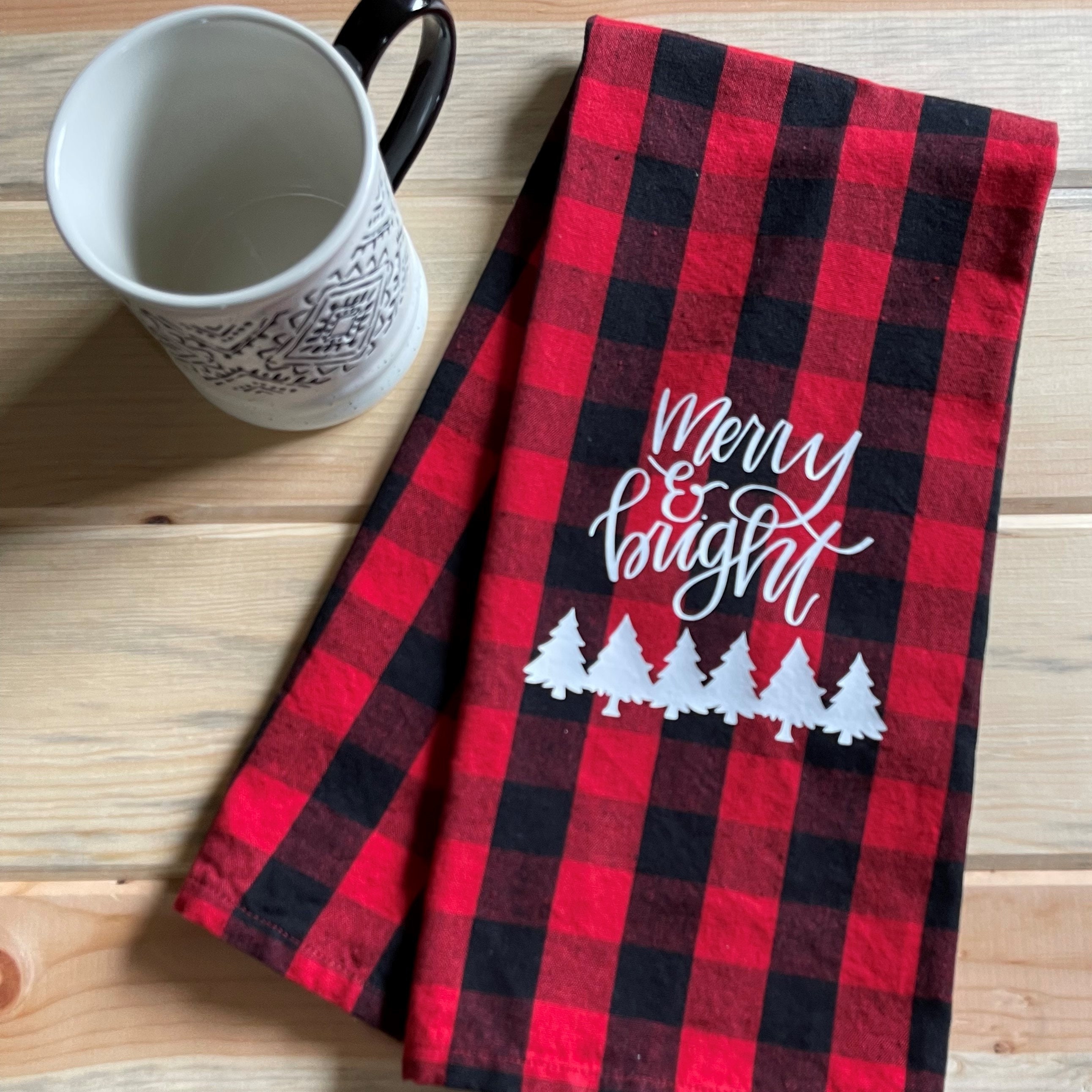 Christmas Tea Towels Buffalo Plaid Kitchen Towels Merry & Etsy