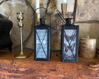 Black Metal and Glass Lantern with Handle, Unique Christmas Gift for Coworker,  Farmhouse Centerpiece Table, for Music Lover, Butterflies