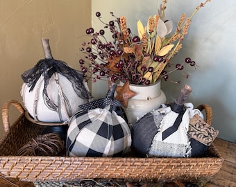 Black and Beige Fabric Pumpkin, Stuffed Pumpkin, Rustic Fall Decor, Handmade Fall Decor, Thanksgiving Hostess Gift