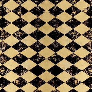 May include: A repeating pattern of black and tan diamonds with a distressed, textured appearance. The design has a vintage or antique aesthetic, with a worn look. The diamonds are arranged in a grid-like formation.