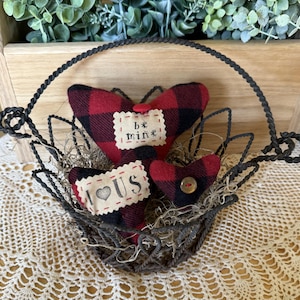 Red Primitive Heart Bowl Fillers, Stuffed Fabric Hearts, Rustic Farmhouse Decor, Be Mine Valentine, Galentine Gift,