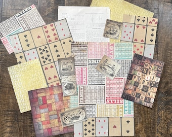 Paper Pack for Junk Journals, Game Pieces Paper, Scrapbook Supplies, Bingo Paper, Playing Card Paper, Unique Christmas Gift for Crafters