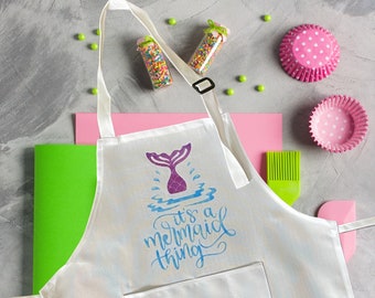 Mermaid Vibes Mermaid Apron for Little Girls, Mermaid Gifts for Kids Chef Apron with Pockets, Baking Gifts for Girls, Mermaid Birthday Gift