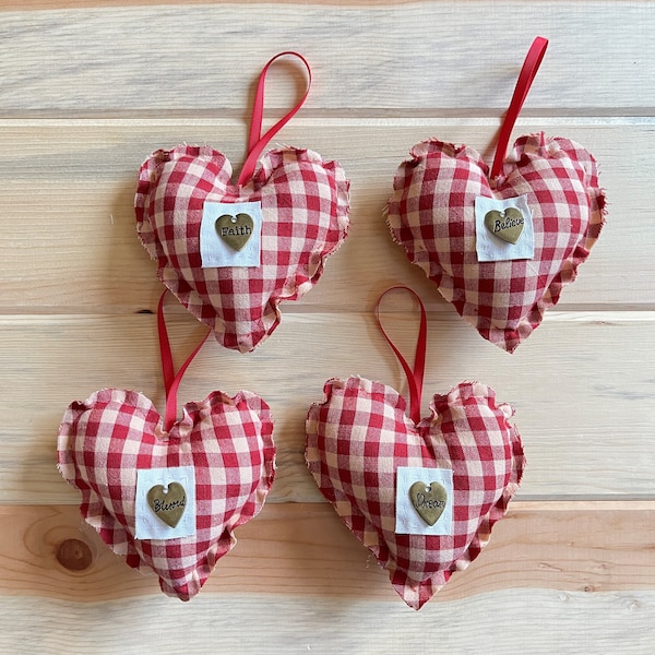 Stuffed Fabric Heart, Rustic Valentine Ornament, Simple Valentines Gifts, Metal Heart Ornament, Heart Primitives, Unique Gift for Wife, Her