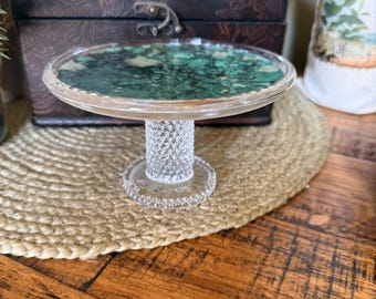Small Glass Teal Riser for Kitchen, Round Plant Stand, Mini Cupcake Plate, Christmas Gift for Sister, Gift for Coworker, Birthday, Teacher
