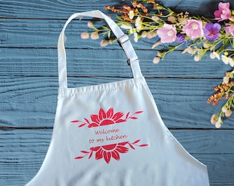 Floral Apron with Pockets, Apron for Women, Cottagecore Apron, Welcome to My Kitchen, Baking Gift for Mom, Cooking Gift for Women, New Home