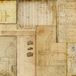 May include: A collage of aged paper textures, featuring architectural sketches, handwritten notes, musical scores, and ledger pages. The sepia-toned documents include crown illustrations and decorative borders, creating a vintage aesthetic.
