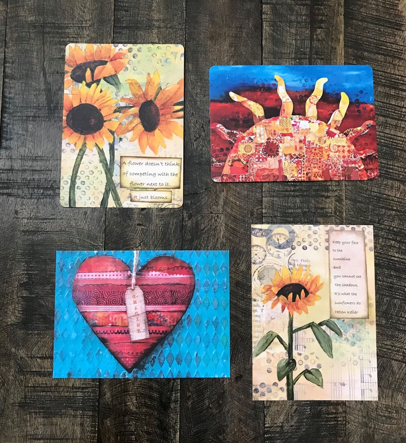 Sunset Mixed Media Notecard, End of Year, Unique Gifts for Women Friends, Flat Notecards with Envelopes, Set of 4 Cards, Clearance Sale, 5x7 Mixed Set