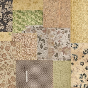 May include: A collage of various patterned papers in shades of brown, green, and yellow. Floral, geometric, and textured designs are visible, creating a vintage aesthetic. The papers are arranged in a patchwork style, showcasing a variety of patterns.