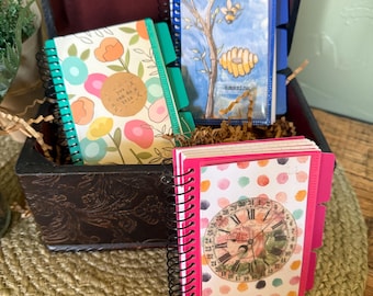 Altered Mini Spiral Jot Notebook with Tabs, Unique Office Supplies, Stocking Stuffer for Mom, Christmas Gift for Coworker, Gift for Teacher