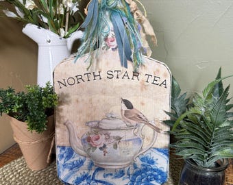 Handmade Vintage Style Kitchen Cutting Board, Gift for Tea Lover, Unique Christmas Gift for Adult Daughter, Teacup Decor, Gift for Coworker