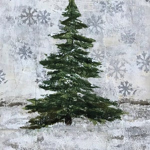 Puede incluir: Imagen pintada de un árbol de Navidad verde cubierto de nieve, sobre un fondo texturizado blanquecino con patrones de copos de nieve grises. La obra evoca un tema de vacaciones de invierno.