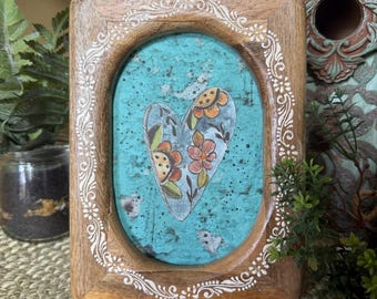 Teal Heart Art for Table, Wood Framed Artwork for Bedroom, Unique Birthday Gift for Sister, Christmas Gift for Teacher, New Apartment Gift