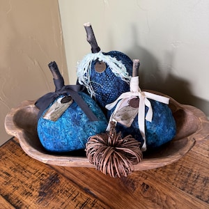Blue Pumpkin, Stuffed Fabric Pumpkin, Rustic Fall Decor, Thanksgiving Hostess Gift for mom,  Fall Tabletop Decor, for sister